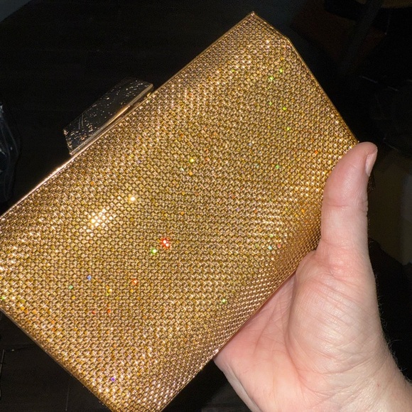 exquisite Hardcase Square Gold Rhineston Covered La Regale clutch - Picture 6 of 15